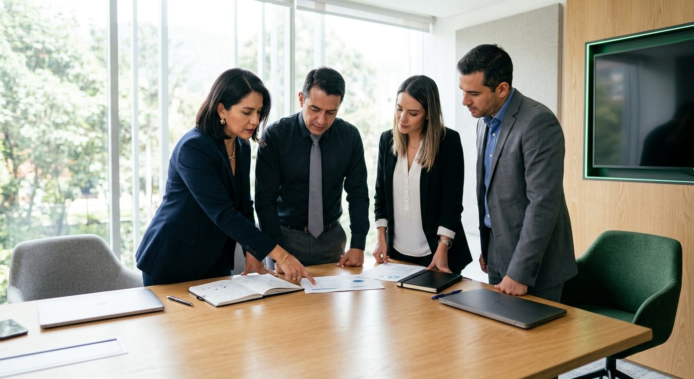 Equipo directivo de una empresa revisando conjuntamente su plan de formación sobre una mesa de juntas